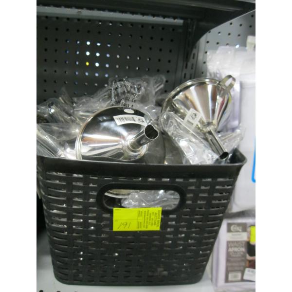 PLASTIC BIN W/LG. LOT OF STAINLESS STEEL FUNNELS