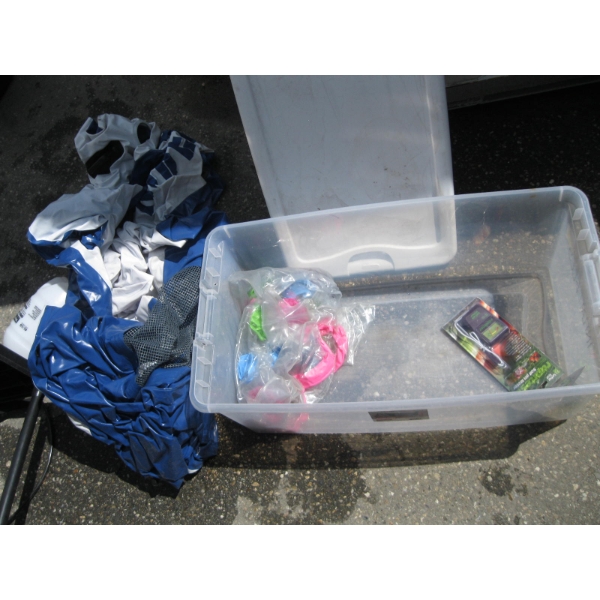 BIN W/INFLATABLE  TOY, PH TESTER, ETC.