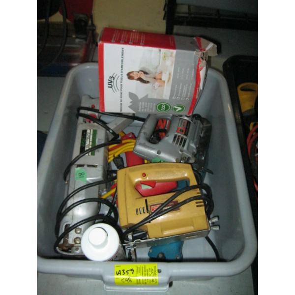 BIN OF MISC. JIGSAWS, UPHOLSTERY CARE SET, ELECTRIC STAPLER, ETC.