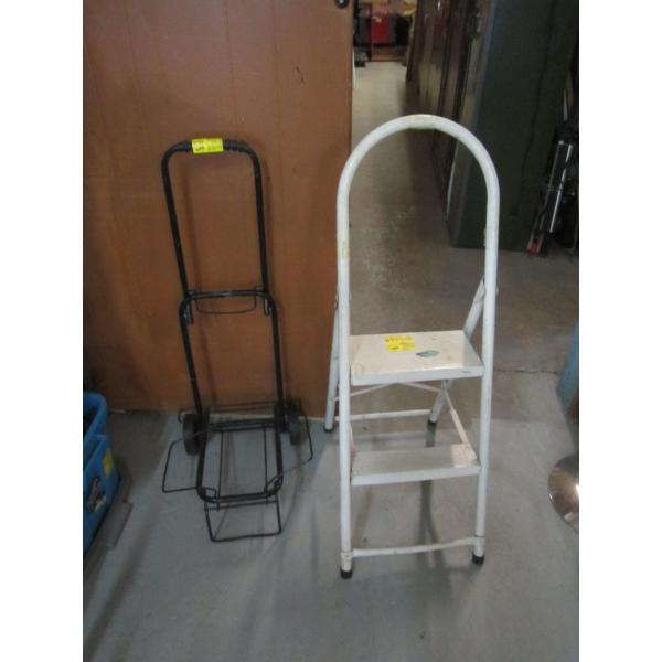 FOLDING 2 STEP LADDER & A SM. LUGGAGE CART