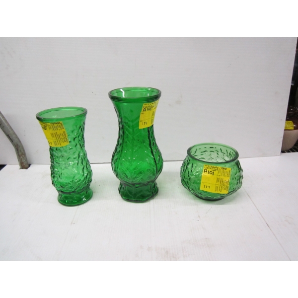 3 GREEN CLEVELAND GLASS VASES