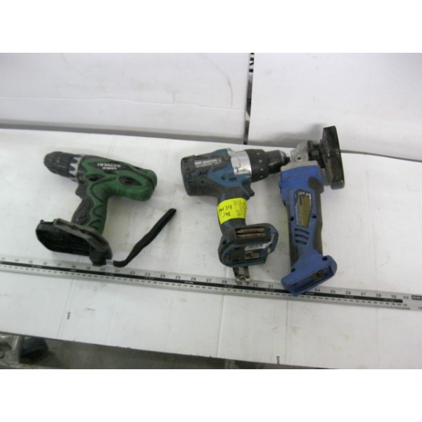 MASTERCRAFT ANGLE GRINDER, MAKITA DRILL & HITACHI DRILL - NO BATTERIES OR CHARGERS