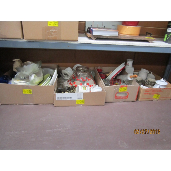 4 FLATS OF MISC. DISHWARE, MARBLE ROLLING PIN, ETC.