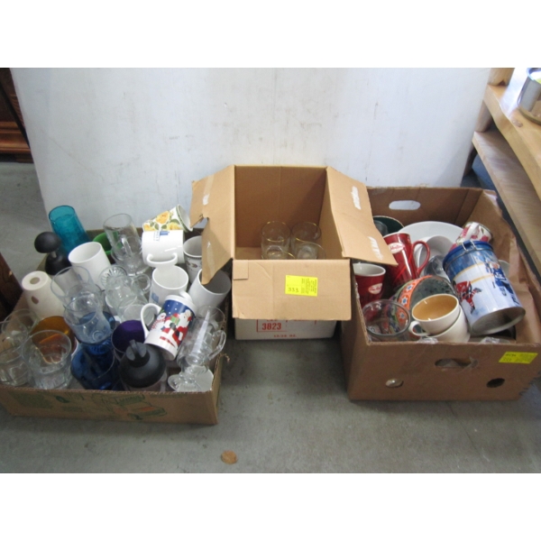 3 BOXES OF MISC. GLASSES, MUGS, ETC.