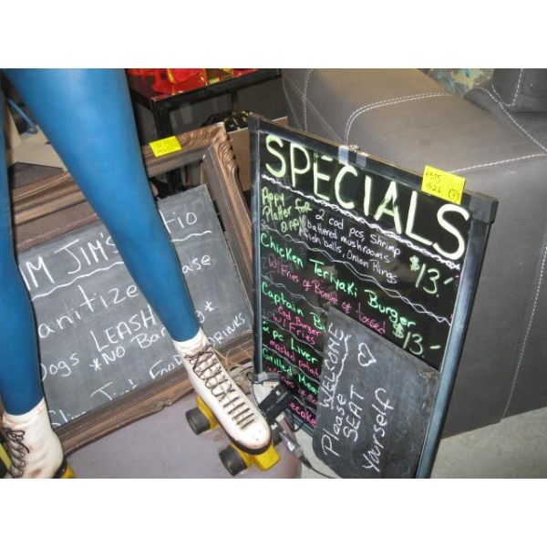 2 BLACKBOARD SIGNS & A FLUORESCENT LIGHTED SIGNBOARD