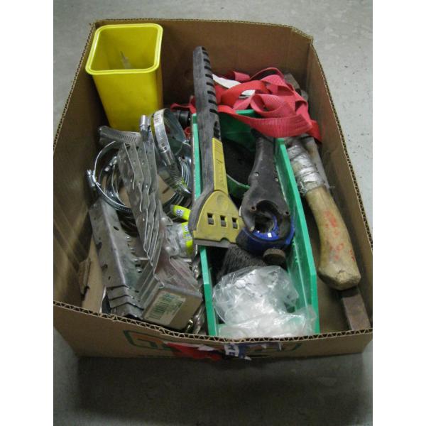 BOX OF MISC. SCRAPERS, HATCHET, TIEDOWN STRAP, ETC.