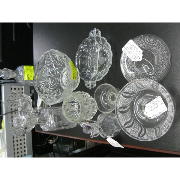 VINTAGE GLASSWARE - DEPRESSION GLASS, BOWLS, DECANTERS, ETC.