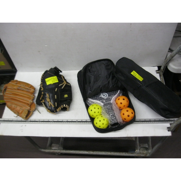 2 BASEBALL GLOVES & 2 PADDLE & BALL SETS