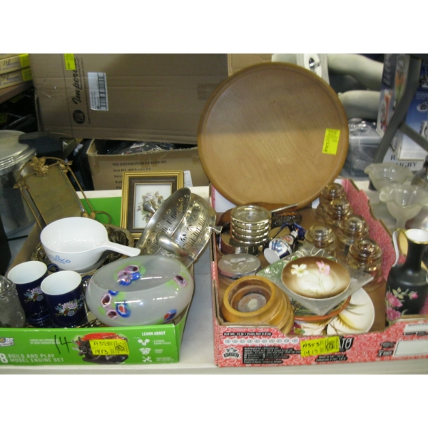 2 BOXES OF MISC. INSULATORS, COLLECTABLE GLASSWARE, PICTURES, ETC.