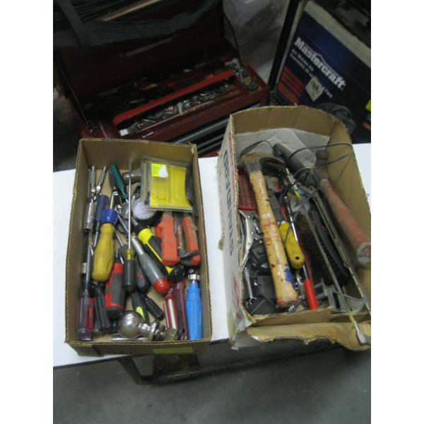 ASST. SCREWDRIVERS & BOX OF MISC. SOCKETS, HAMMERS, ETC.