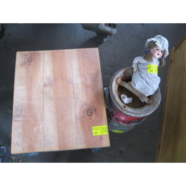 MILK CAN, DOLL & SM. BARLEY TWIST TABLE