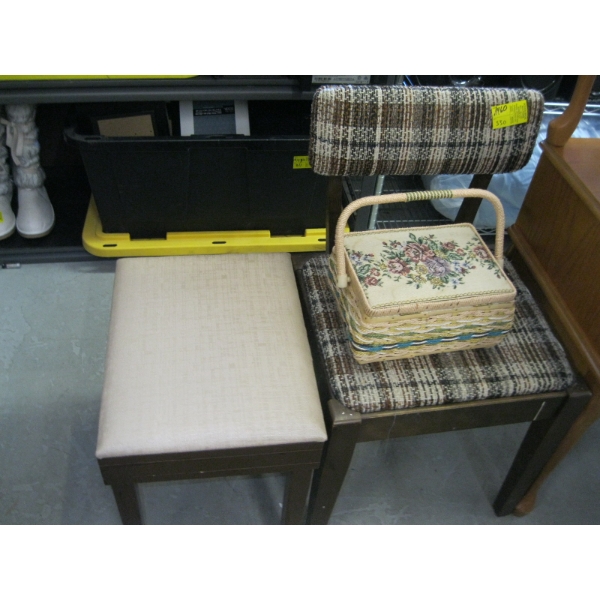 SEWING STOOL, SEWING CHAIR & SM. WICKER SEWING BOX