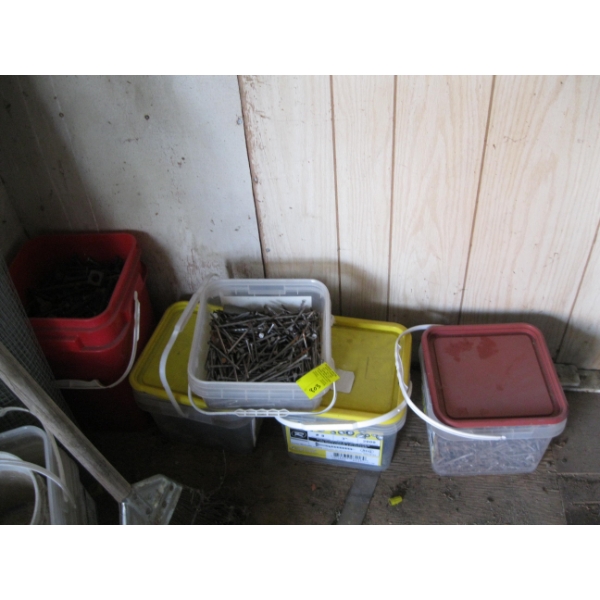 5 PAILS OF MISC. NAILS, SCREWS, ETC.