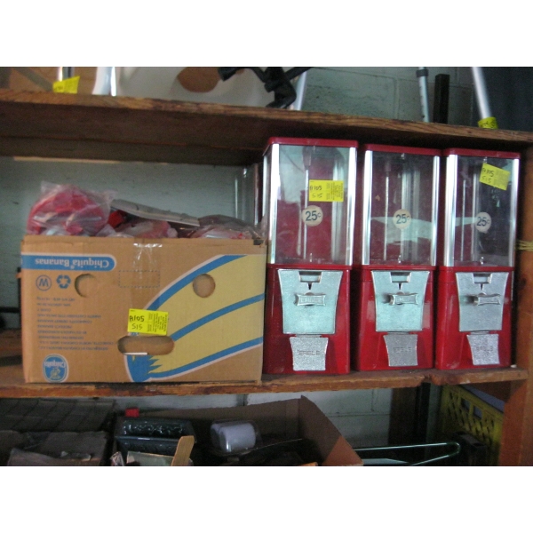 LG. LOT OF ASST. GUM BALL MACHINES W/ASST. HARDWARE, ETC.