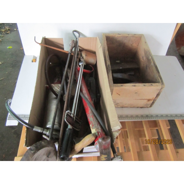 2 BOXES MISC. WEDGES, AXE HEADS, UTENSILS, TORQUE WRENCH, ETC.
