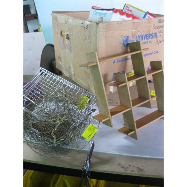 3 BOXES OF MISC. KIDs TOYS, CUTTING BOARDS, METAL RACKS, SEWING ITEMS, ETC.