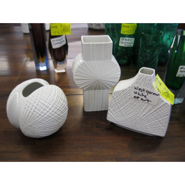 3 WEST GERMAN WHITE OP ART VASES