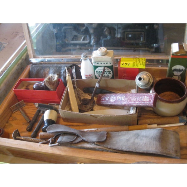 GLASS TOP CASE W/ASST. COLLECTABLE SHAVING ACCESS. - RAZORS, STROPS, ETC.