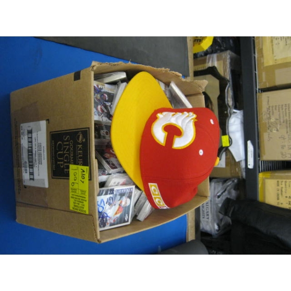 LG. BOX OF ASST. HOCKEY CARDS & CALGARY FLAMES HAT