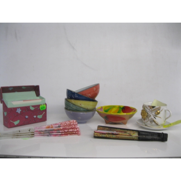 MISC. BOWLS, FANS, MOUSTACHE MUG, ETC.