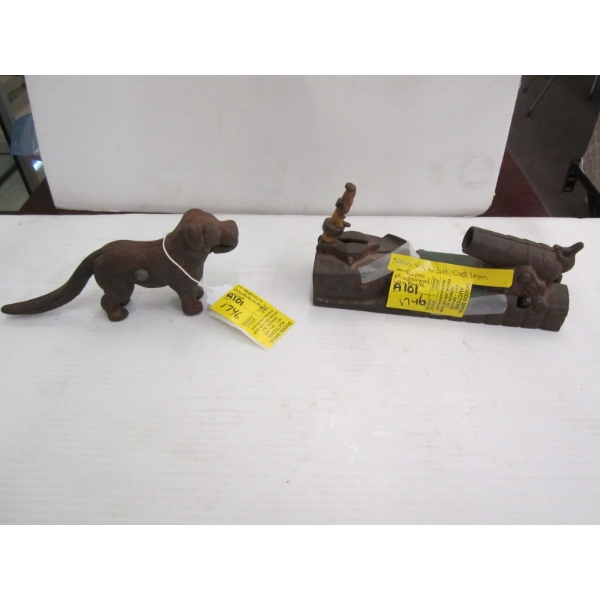 CAST IRON DOG NUTCRACKER & CAST IRON COIN BANK