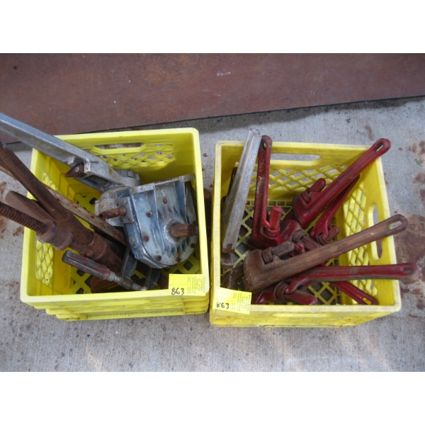 2 BASKETS OF MISC. CHAIN HOIST, CLAMPS, PIPE WRENCHES, ETC.