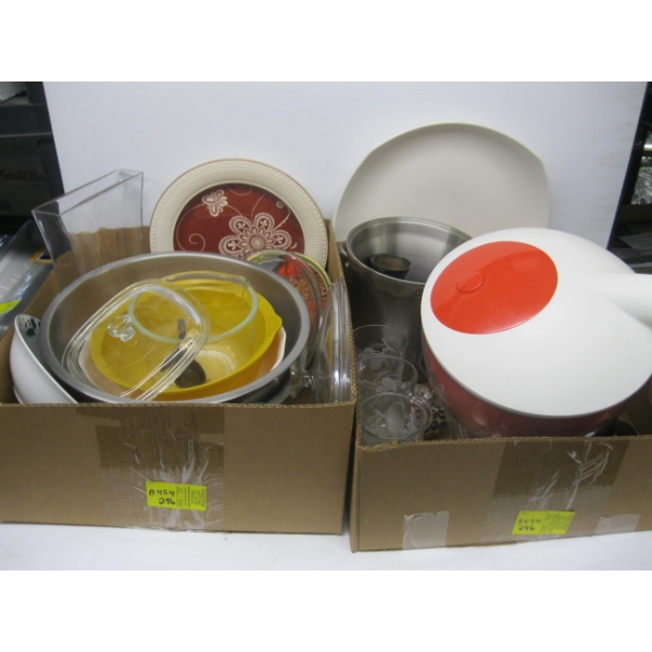 2 BOXES OF MISC. SALAD SPINNER, COLLECTOR PLATES, ETC.