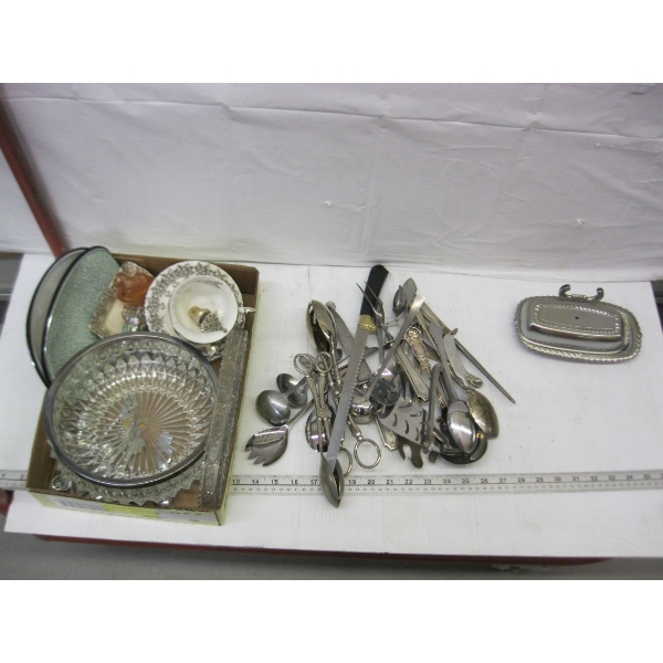 MISC. SILVERPLATE CUTLERY, COLLECTOR SPOONS, TEACUPS, ETC.