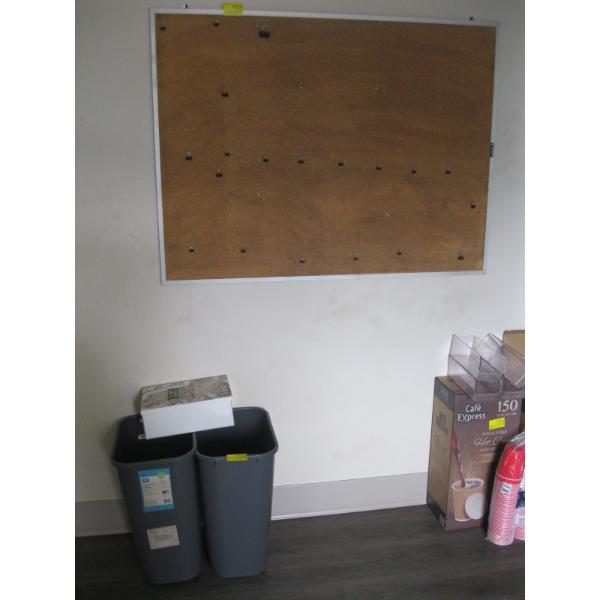 FIRST AID KIT, 2 GARBAGE CANS & A CORKBOARD