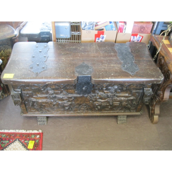 HEAVILY CARVED ANTIQUE CHEST W/LOCK & KEY