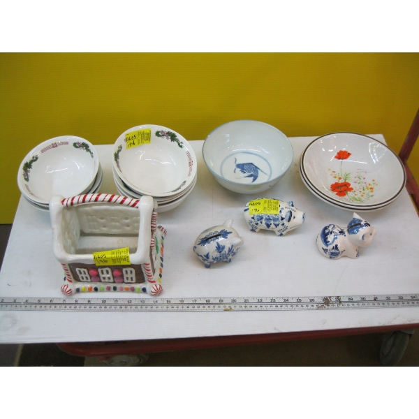 BOWLS, PIGGYBANKS, GINGERBREAD LOOK CONTAINER, ETC.
