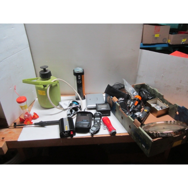 MISC. GARDEN SPRAYER, CLOCK, FLASHLIGHTS, ETC.