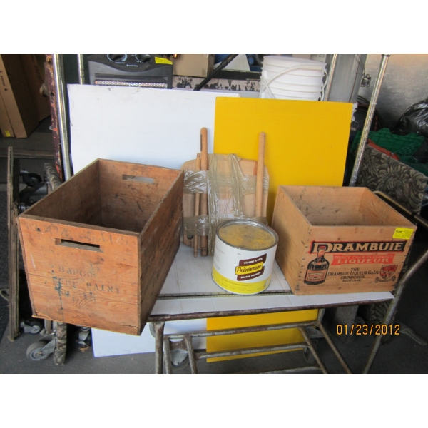 2 WOODEN CRATES, COLLECTORS TIN, ETC.
