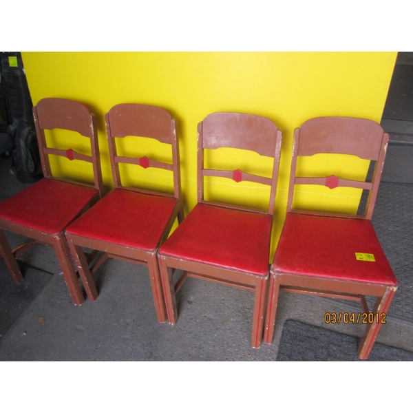 4 WOOD CHAIRS w/RED VINYL SEATS