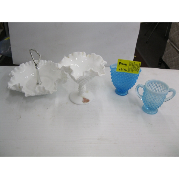 4 PIECES OF HOBNAIL GLASS - 1 PIECE IS FENTON, ETC.