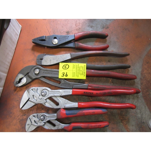 5 PAIRS OF PLIERS - KNIPEX, SNAP ON, ETC.