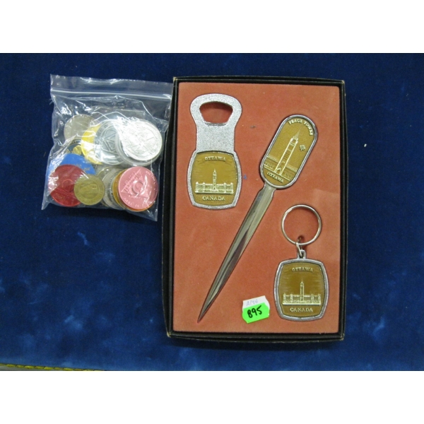 BAG OF COLLECTOR TOKENS & CDN KEYCHAIN, LETTER & BOTTLE OPENER SET