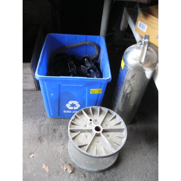 BIN OF MISC. ROPE, 4 WHEEL DOLLY, "AS IS" FIRE EXTINGUISHER, ETC.
