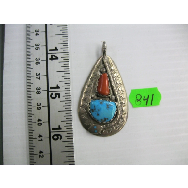 SILVER W/TURQUOISE & CORAL STONES HANGING PENDANT, STAMPED EFFIE.C ZUNI