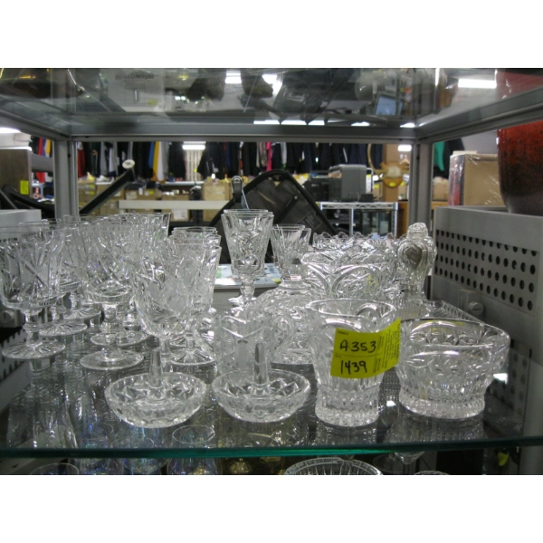 2 SHELVES OF ASST. CRYSTAL & GLASSWARE & BRASS GOBLETS