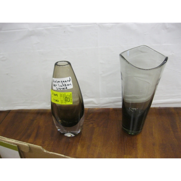 2 GLASS SIGNED MCM HOLMGAARD PERLUTKEN  VASES