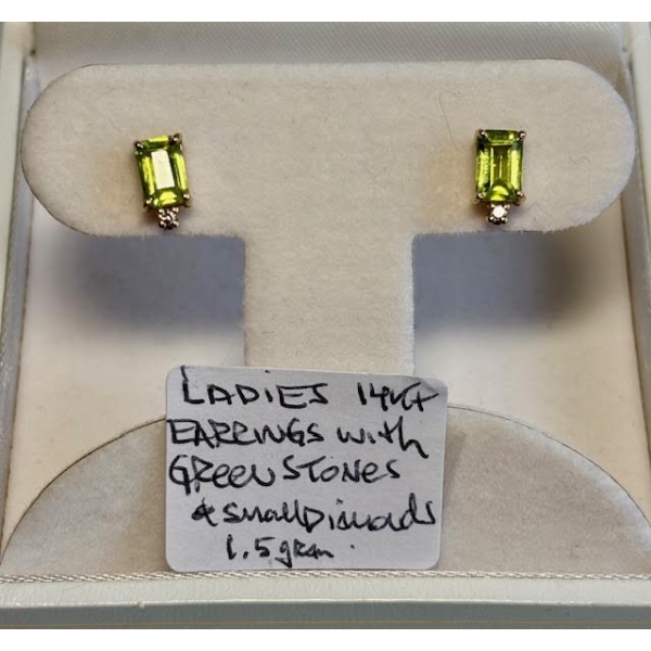 PR OF LADIES 14KT EARRINGS W/GREEN STONES & SMALL DIAMONDS - 1.5G