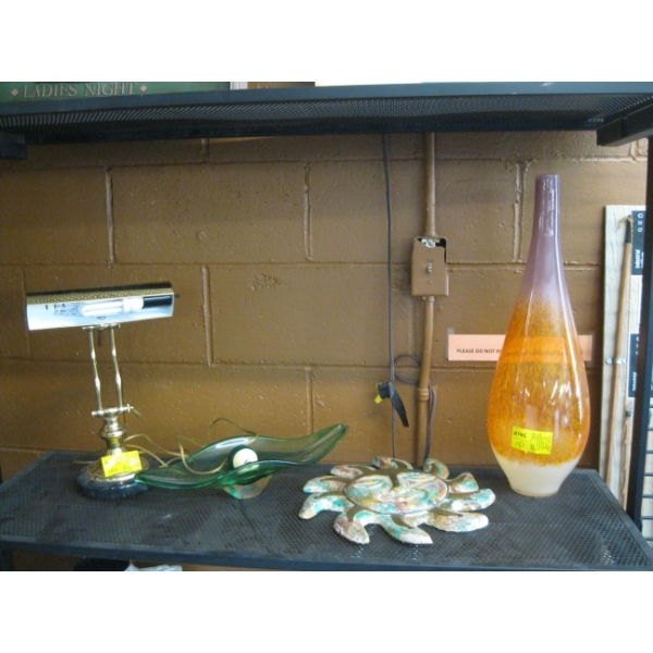 BRASS DESK LAMP, 2 GLASS PIECES & A BRASS & STONE WALL HANG SUNSHINE