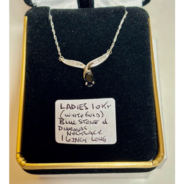 LADIES 10KT WHITE GOLD BLUE STONE & DIAMOND NECKLACE, 16" CHAIN