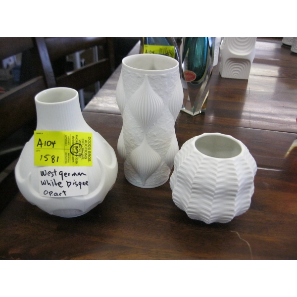 3 WEST GERMAN WHITE BISQUE OP ART VASES
