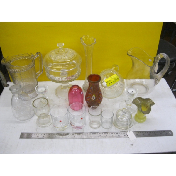 ASST. VINTAGE GLASSWARE, VASES, CANDLE HOLDERS, ETC.