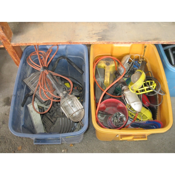 2 BINS OF ASST. TROUBLE LIGHTS, SPOTLIGHTS, POWER BARS, TOOLS, ETC.