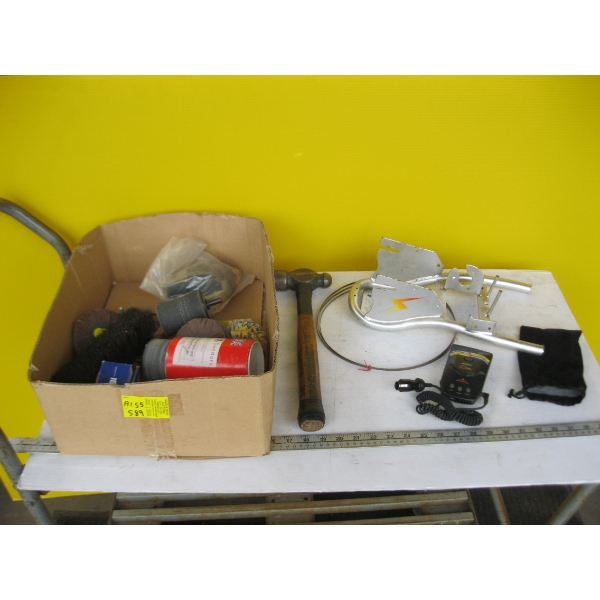 MISC. HAMMER, SANDING BLOCK, RADAR DETECTOR, ETC.