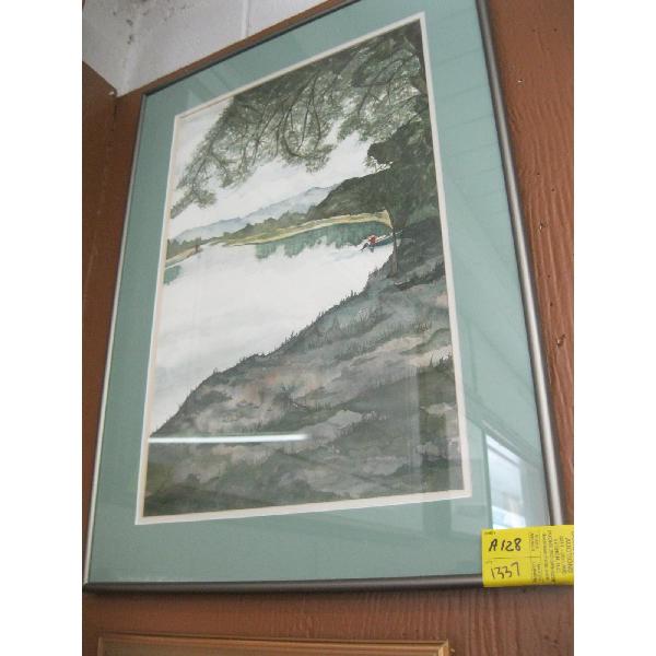 FRAMED ORIGINAL WATERCOLOR OF FISHERMEN ON LAKE