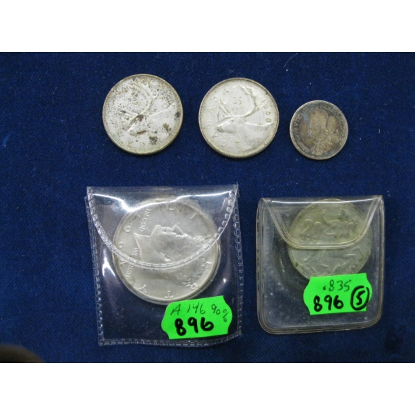 AMERICAN 50 CENT PIECE, 2 CDN QUARTERS, ETC.